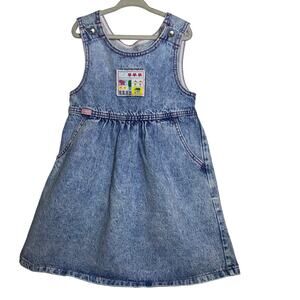 Vintage Lee Kid's Multicolor Acid Wash Cotton Denim overall Jumper Dress Size 6